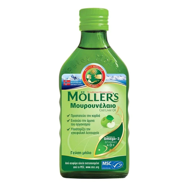 Moller's cod liver oil natural source of omega 3 fatty acids & vitamins d3, a & e with apple flavor x 250ml, , medium-null