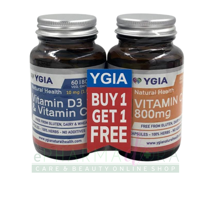 Ygia vitamin d3 1000iu & vitamin c 800mg x 60 capsules + ygia vitamin c 800mg x60 capsules free