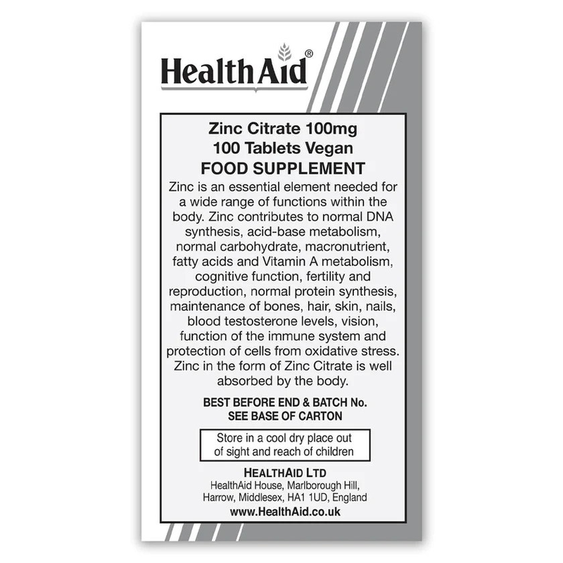 Health aid zinc citrate 100mg x 100 veg tablets, , medium-null