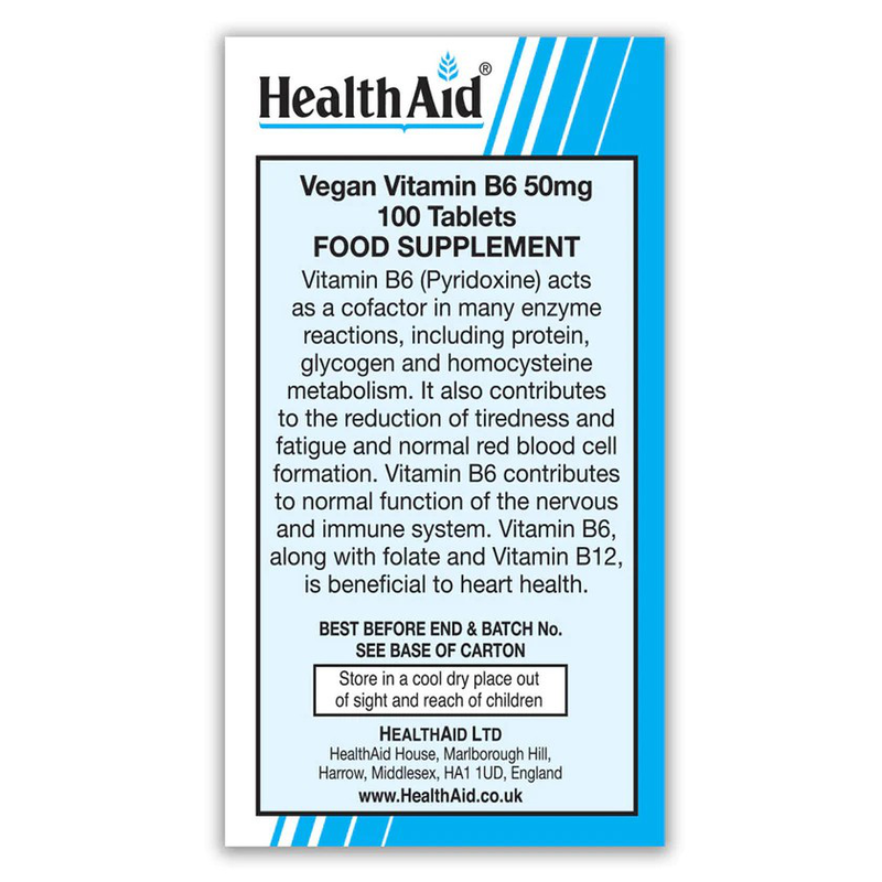 Health aid vitamin b6 (pyridoxine) 50mg x 100 veg tablets - support for healthy metabolism, heart, nervous & immune system, , medium image number null