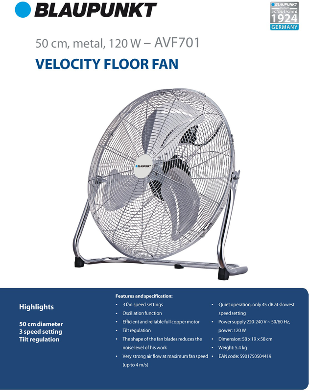 Blaupunkt velocity floor fan 50cm 120w avf701, , medium image number null