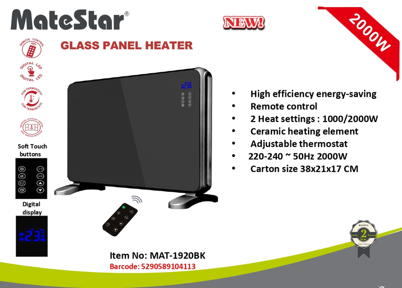 Matestar glass panel heater 80x26x52cm 2000w mat-1920bk, , medium-null