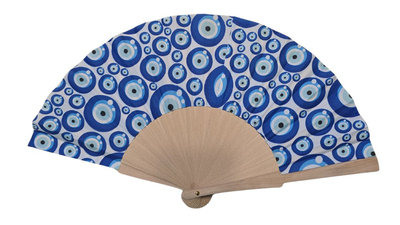 Evil eye folding hand fan – blue circles design, , medium