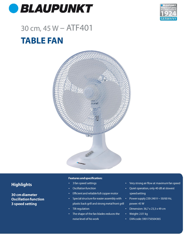 Blaupunkt table fan 30cm 45w atf401, , medium image number null