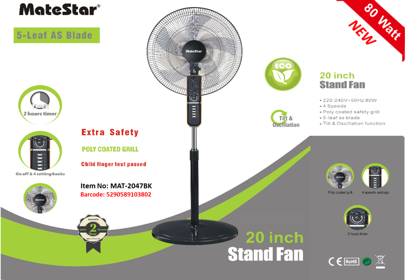 Product image: Matestar stand fan mat-2047bk 20″ 80w, , medium-null