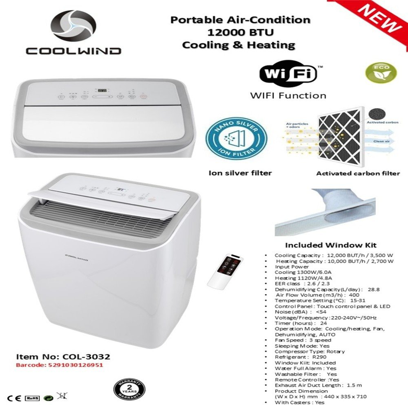 Product image: Coolwind φορητό κλιματιστικό 12000 btu με Wi-Fi με 4 λειτουργίες ψύξη, θέρμανση, ανεμιστήρας, αφύγρανση, αυτόματη, , medium-null