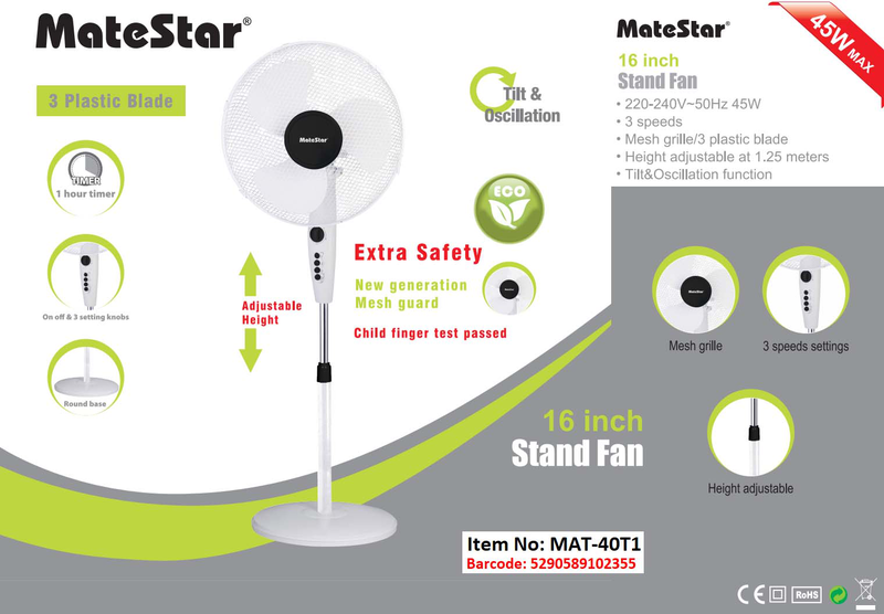 Product image: Matestar mat-40t1 16' stand fan timer 45w-null