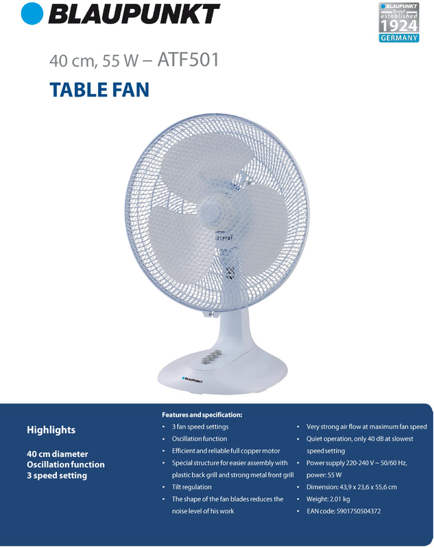 Product image: Blaupunkt table fan 40cm 55w atf501, , medium-null