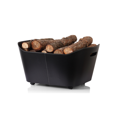 H&c black leatherette wood basket with wheels 53cm x 36cm x 36cm, , medium