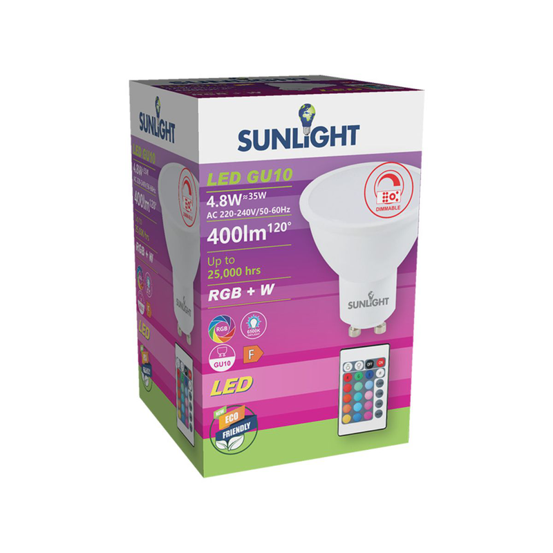 Sunlight led 4.8w gu10 lamp with remote control 400lm rgb+6500k - frosted, , medium-null