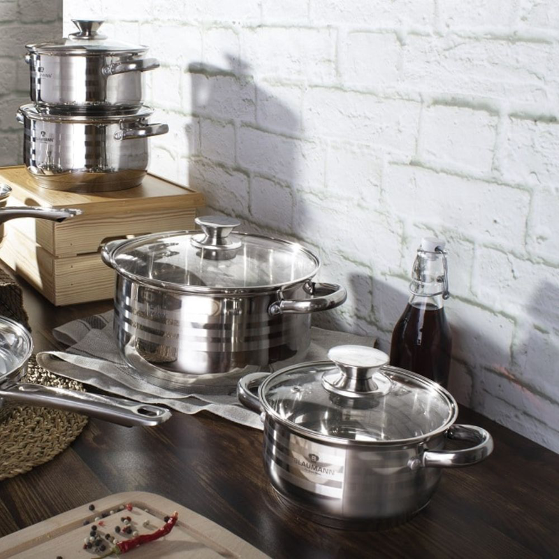 Blaumann σετ μαγειρικών σκευών 12τμχ. Inox με γυάλινα καπάκια, , medium-null