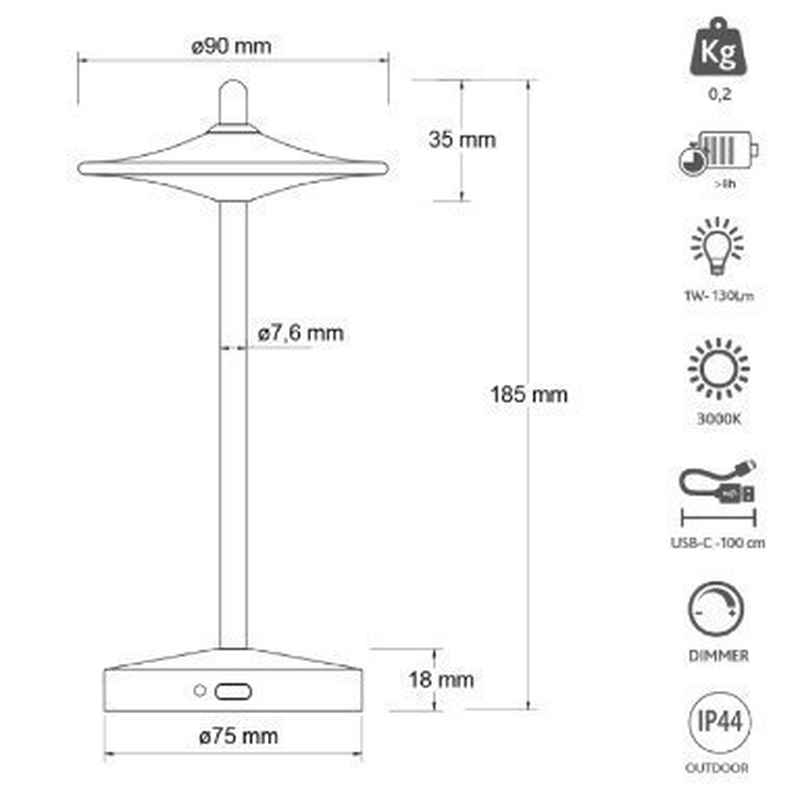 Kelu sake USB-c rechargeable ip44 aluminium lamp 130lm anthracite, , medium-null