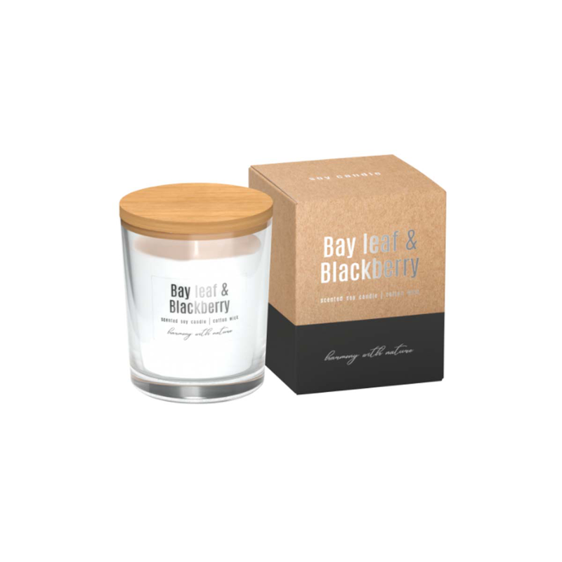 Aromatic candle in a glass with wooden cap bay leaf & blackberry ~ 28h-null