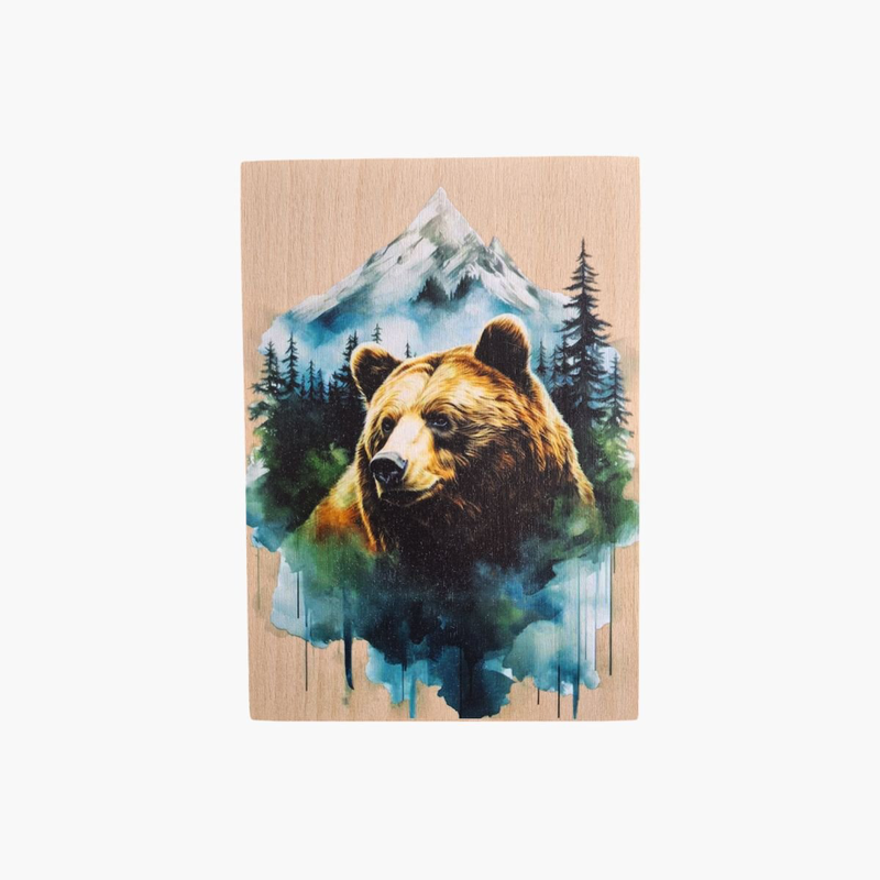 Bear & mountain splash art print on wood, , medium-null