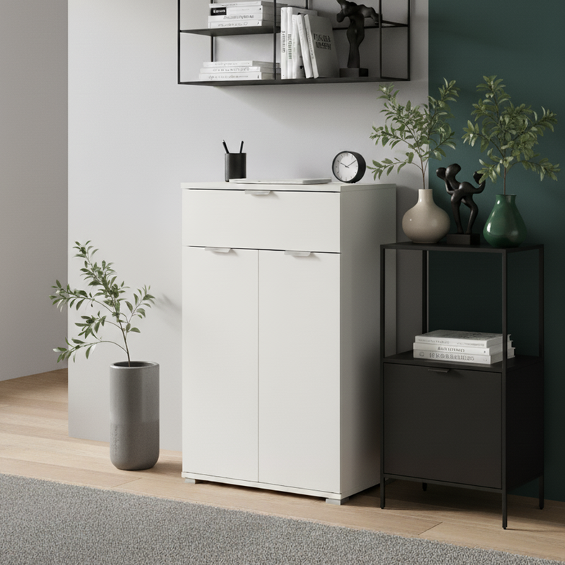 White bedside cabinet 45&times;85&times;38 cm with 2 doors, drawer and adjustable shelves, pre-assembled for bedroom, entryway, bathroom and living room., , medium-null