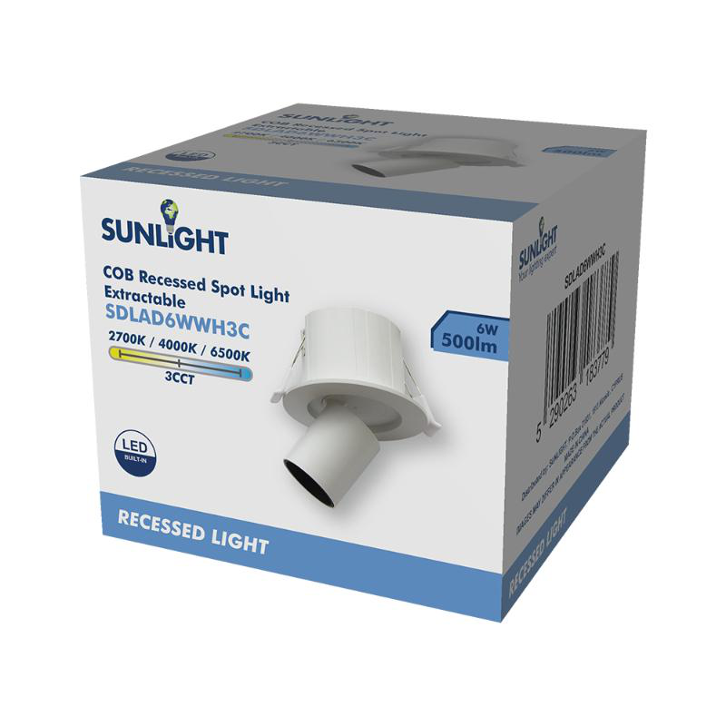Product image: Sunlight led 6w cob recessed spot light extractable white 500lm 3cct 38° ip20 ø90xh110 cutout:ø70mm, , medium-null