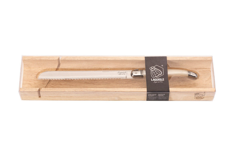 Laguiole premium line bread knife pearl packed in a wooden baquette cutting board
1.5 mm thick blade, , medium image number null