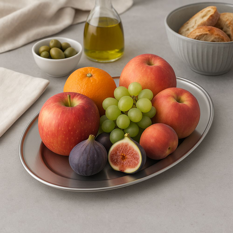 Product image: Οβάλ δίσκος σερβιρίσματος από ανοξείδωτο ατσάλι 30 cm, κομψότητα & αντοχή σε κάθε τραπέζι, , medium-null