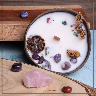 Homemade soy wax candle in coconut bowl + unique crystal - velarte, , medium