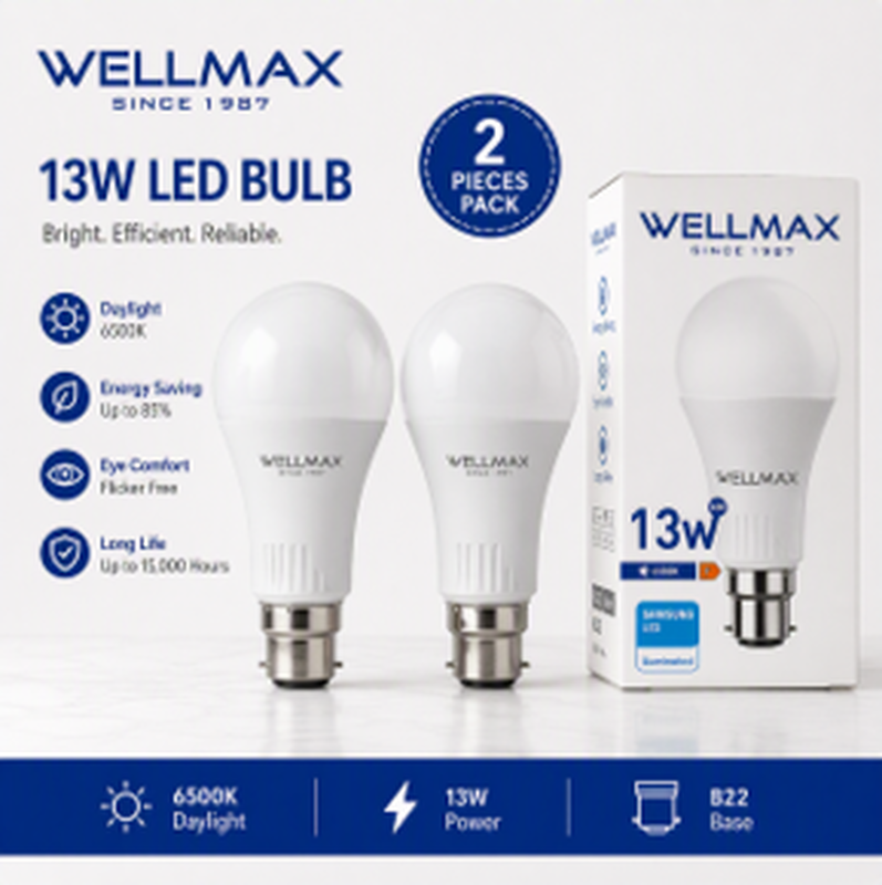 Wellmax a60 led lamp 13w 6500k 1270lm &ndash; b22 base (2-pack)-null