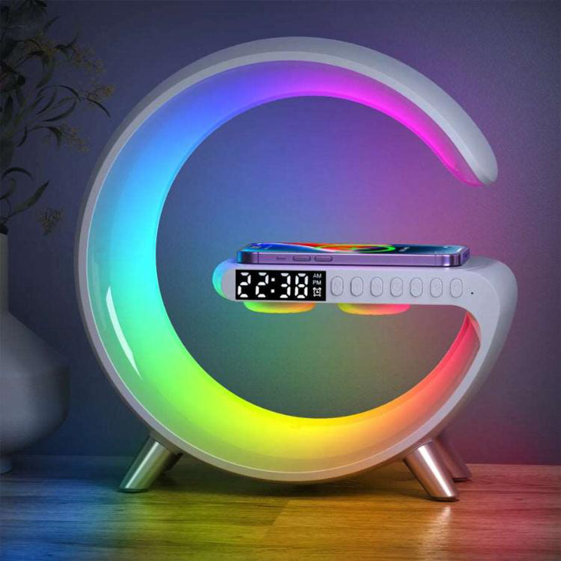 Product image: Πολυλειτουργικό φωτιστικό με ασύρματο φορτιστή, λάμπα ατμόσφαιρας, ηχείο bluetooth και ρολόι ξυπνητήρι-null
