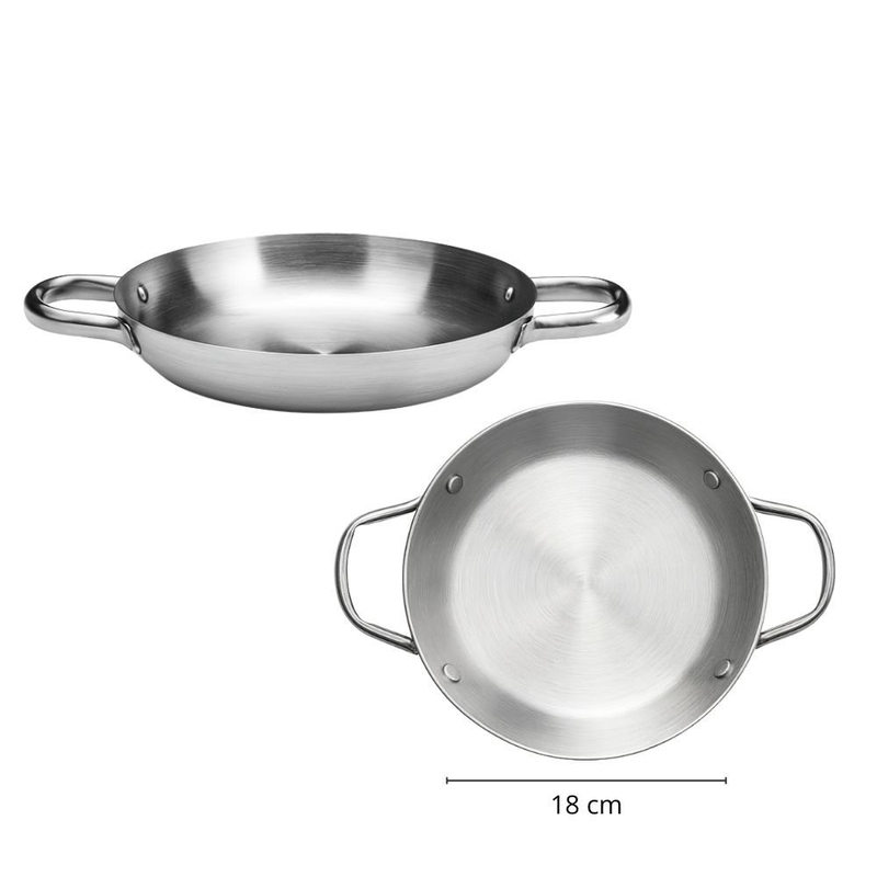 Product image: Σαγανάκι μεταλλικό 18 cm με 2 πλαϊνά χερούλια για εύκολο κράτημα και ιδανικό ψήσιμο & σερβίρισμα παραδοσιακών μεζέδων, , medium-null