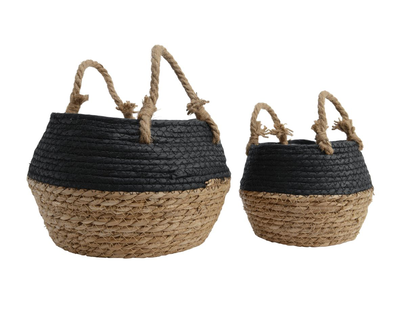 Basket round grass mat/black, Grass Mat Black, medium