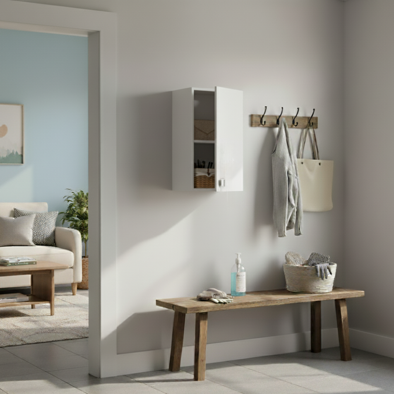 White frassinato wall cabinet 40&times;69&times;33 cm with door and adjustable shelf, pre-assembled for bathroom, kitchen, laundry room and entryway., , medium-null