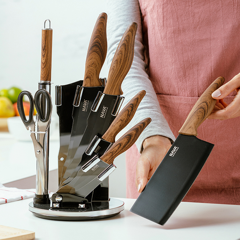 Product image: Nava stainless steel knife set of 8pcs with stone coating on acrylic stand, , medium-null