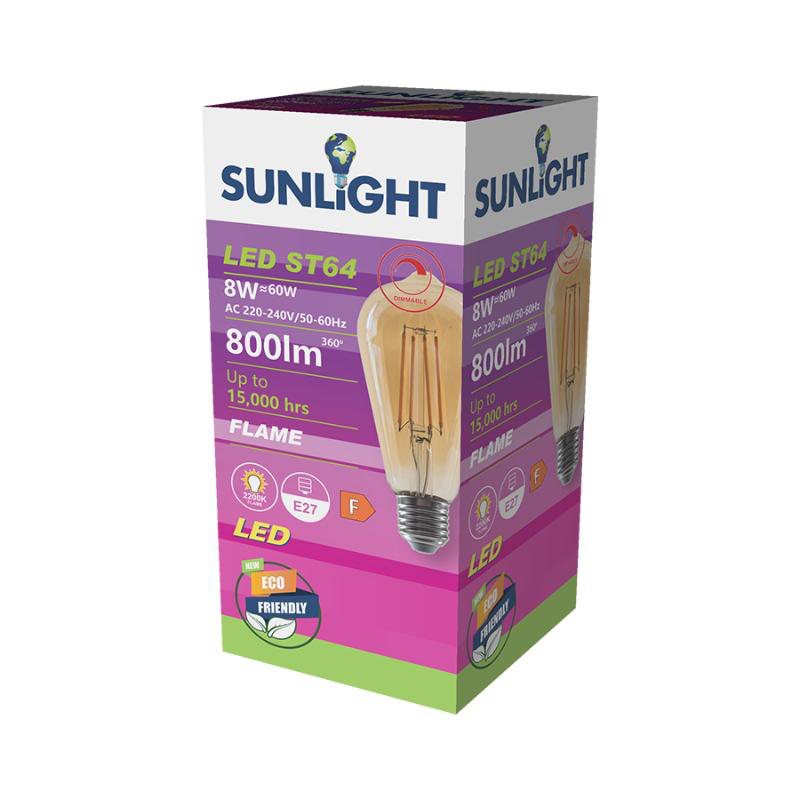Sunlight 'filament' led 8w st64 lamp e27 800lm 2200k amber dimmable, , medium image number null