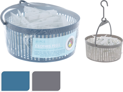 Clothes peg basket & 50 pegs 2 assorted colors