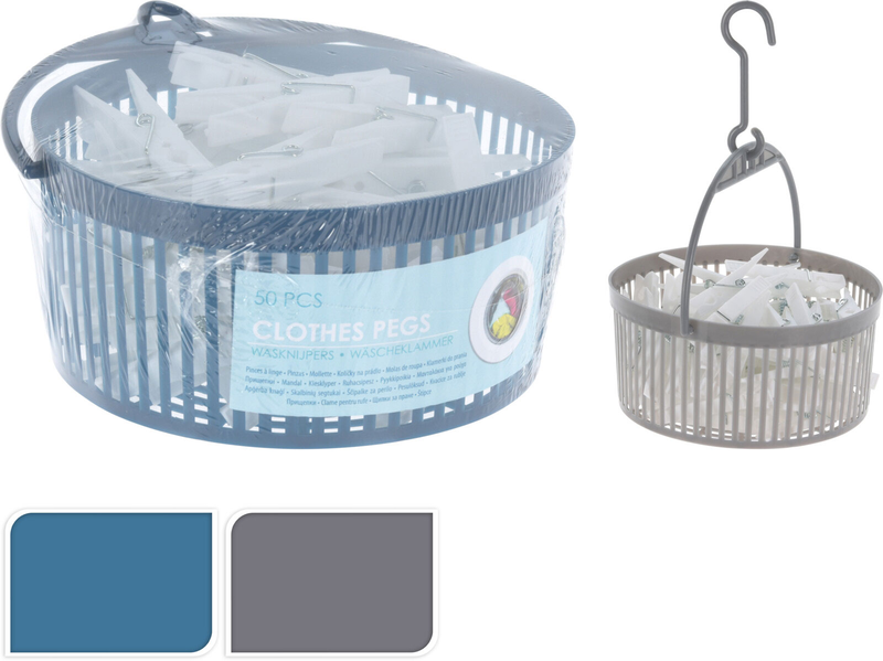 Clothes peg basket & 50 pegs 2 assorted colors, , medium image number null