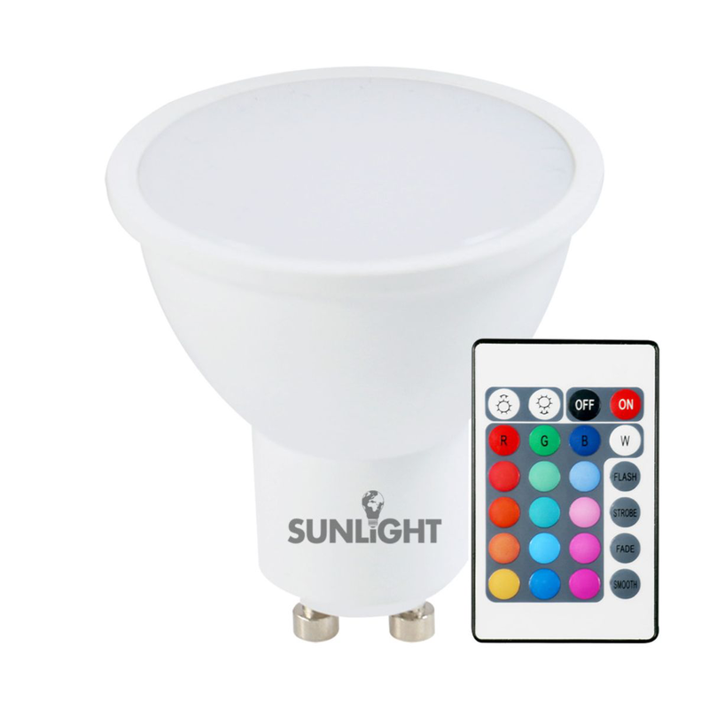 Sunlight led 4.8w gu10 lamp with remote control 400lm rgb+6500k - frosted, , medium-null