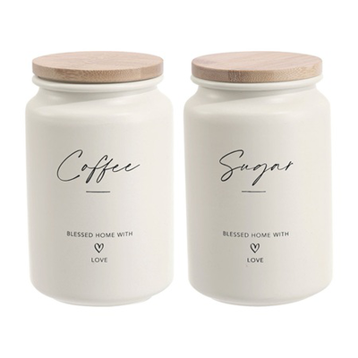 Ankor stories metal 2 pcs set jar coffee & sugar 9.5x15.2cm white 850501, , medium