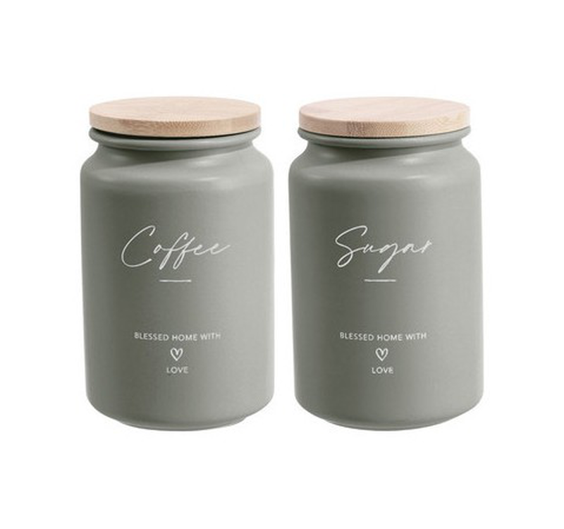 Ankor stories 2 pcs set metal jar coffee & sugar 9.5x15.2cm olive 850518, , medium-null