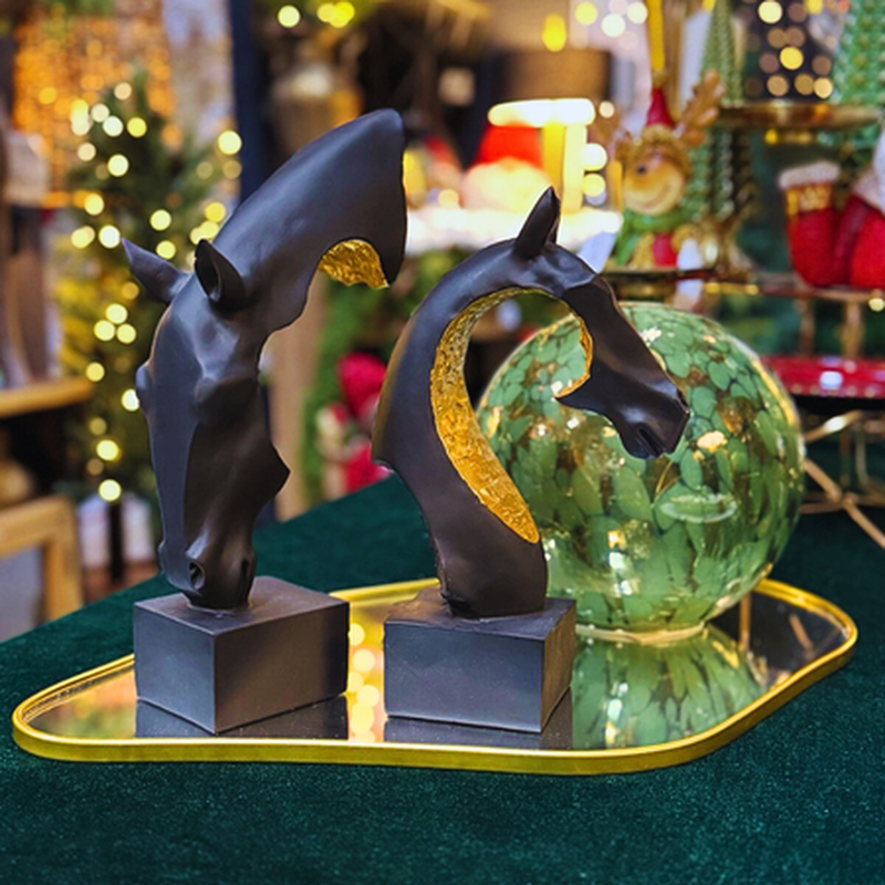 Polyresin gold black horse 16x8x26cm, , medium-null