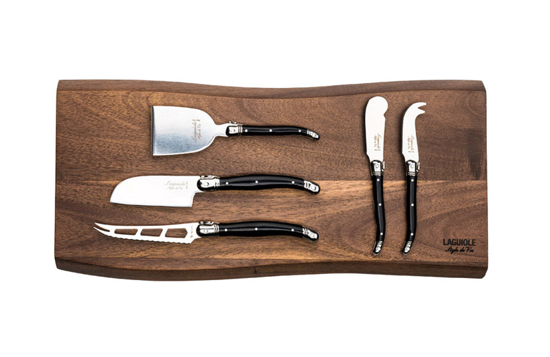 Laguiole 5pc cheese knifes set black with serving board acacia wood, , medium image number null