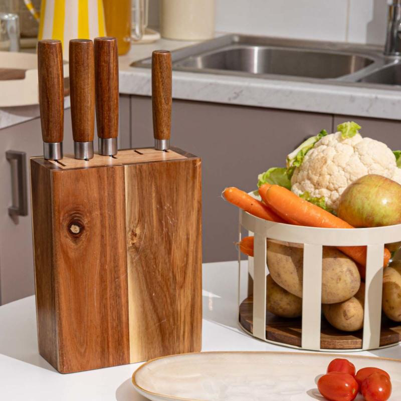 Estia allure stainless steel knives with acacia base 5pcs, , medium-null