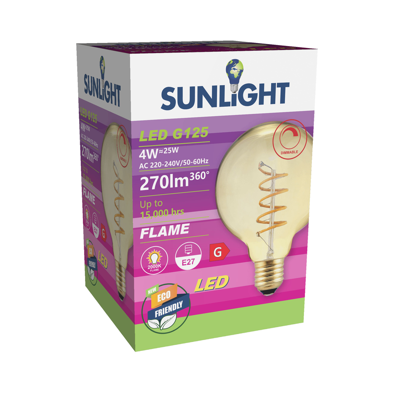 Sunlight 'filament spiral' led 4w g125 lamp e27 270lm 2000k amber dimmable, , medium-null