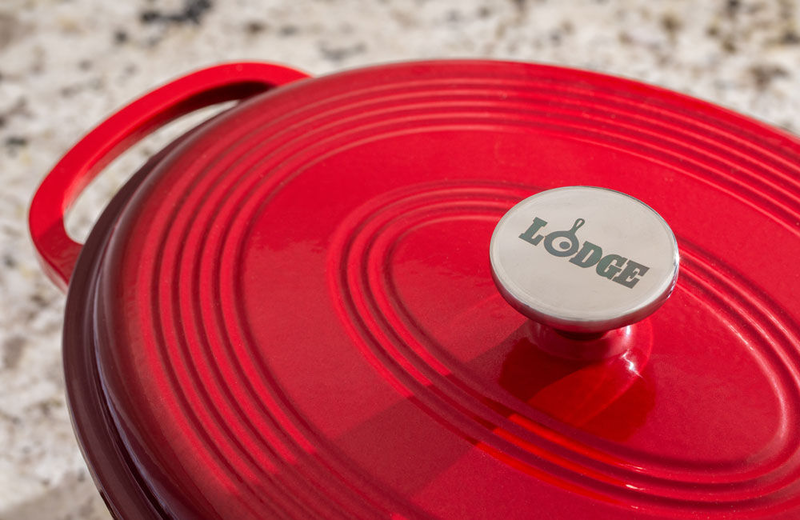 Product image: Lodge 6.62 lt oval red enameled cast iron dutch oven with loop handles, , medium-null
