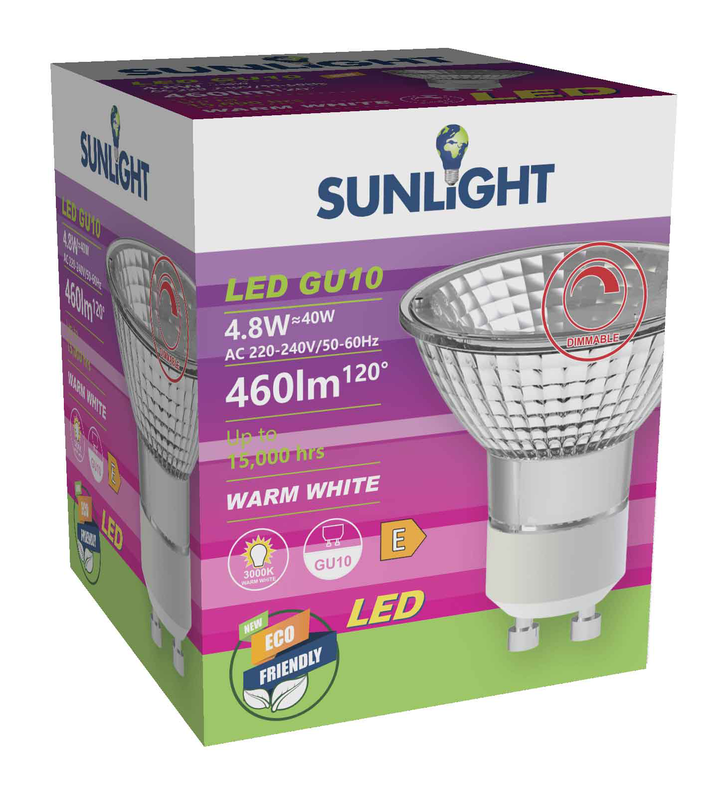 Sunlight led 4.8w lamp gu10 glass 460lm 3000k 100&deg; clear dimmable, , medium-null