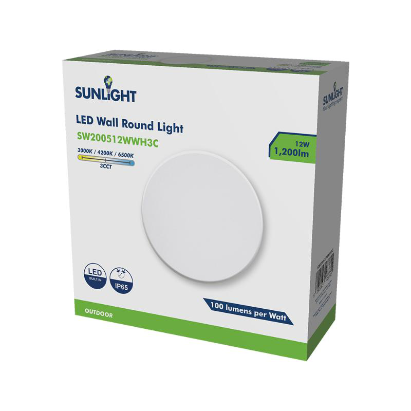 Sunlight led 12w wall round light white 1200lm 3cct ip65 ø180xw47mm, , medium-null
