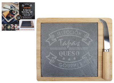 Wooden cheese board with slate and knife 25x20cm, , medium