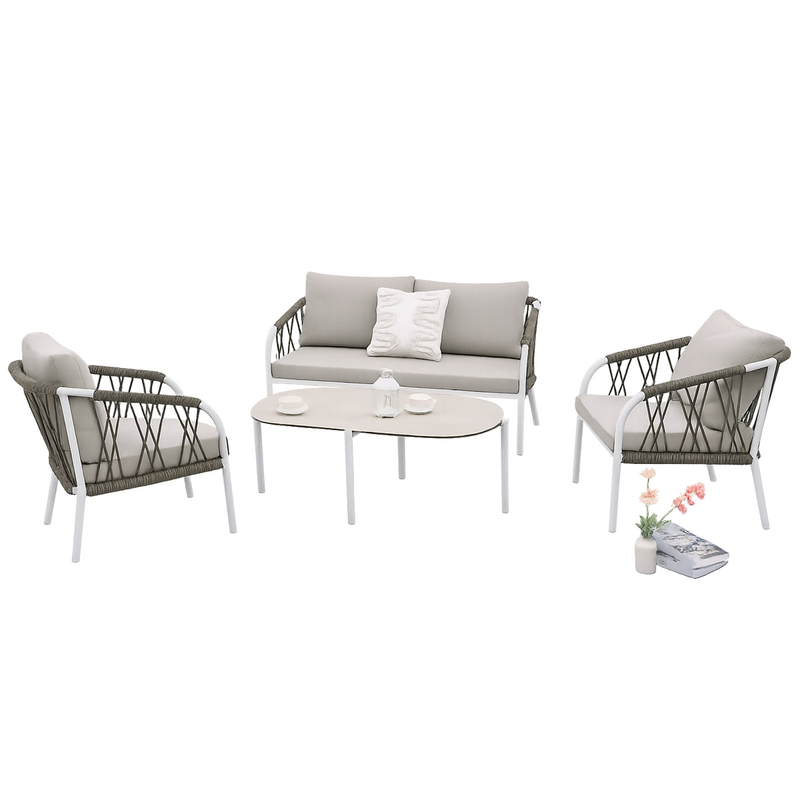 L.h garden set 4 white aluminum garden chairs with grey cushions, , medium-null