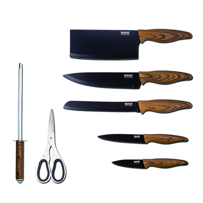 Nava stainless steel knife set of 8pcs with stone coating on acrylic stand, , medium-null