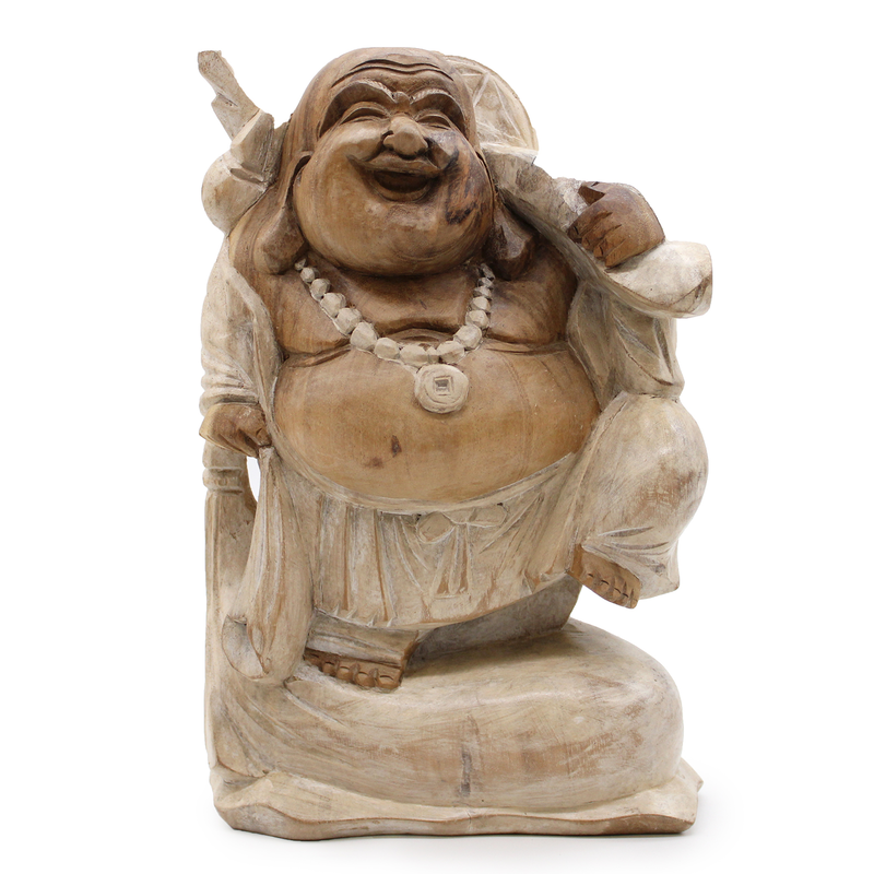 Happy buddha bring wood whitewash 30cm, , medium-null