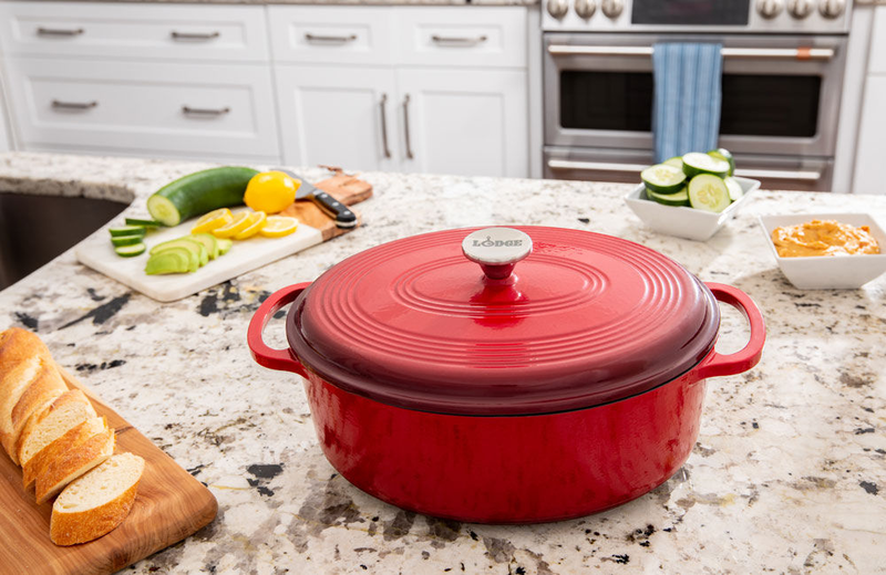 Lodge 6.62 lt oval red enameled cast iron dutch oven with loop handles, , medium-null