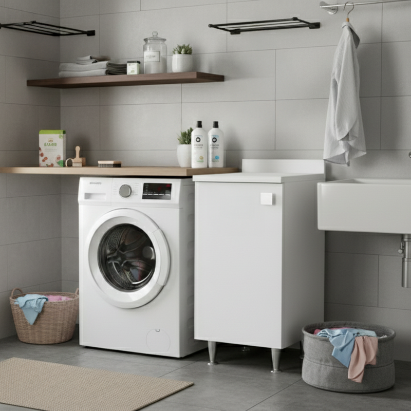 Compact white cabinet with door and adjustable shelf, pre-assembled for bathroom, laundry room, entryway or balcony., , medium-null