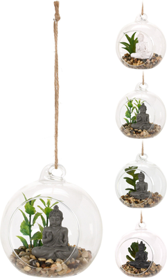 Buddha with plant in glass ball 4 assorted designs, , medium