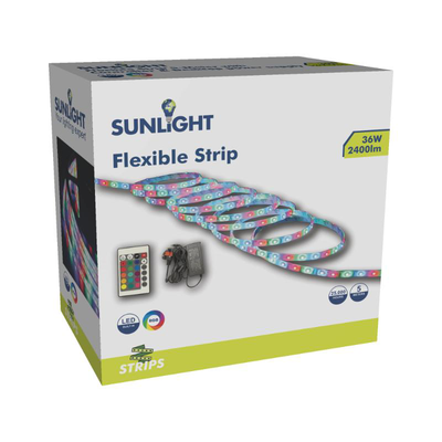 Sunlight led 4.5w/m flexible strip 5050 smd 5-meters set 87lm/m rgb 12v ip20 w10mm with controller & adaptor